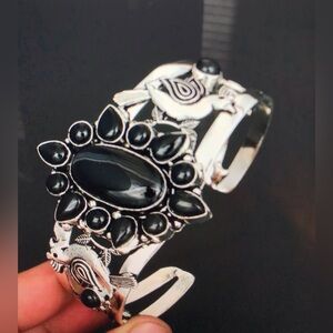 Black Onyx Stamped 925 Sterling Silver Cuff Bracelet